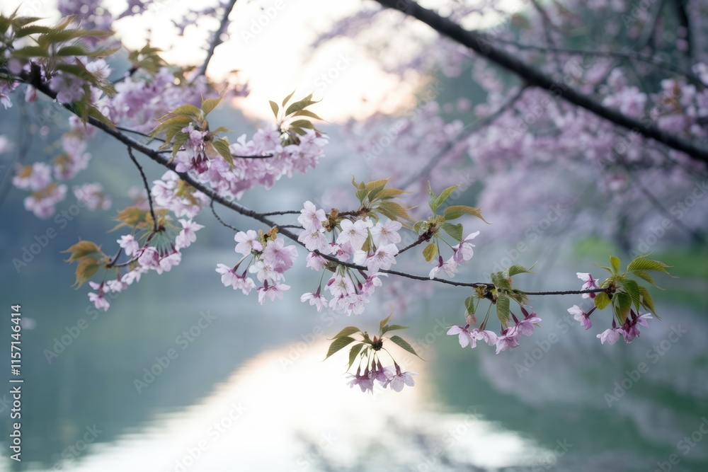 Fototapeta premium Delicate pink cherry blossoms bloom on a branch, sunlight illuminating the petals against a tranquil water backdrop.