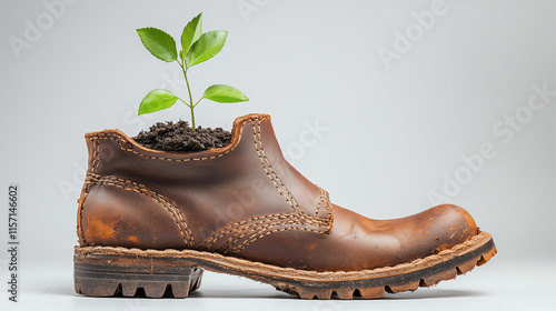 Young tree seedling growing from soil in an old leather shoe