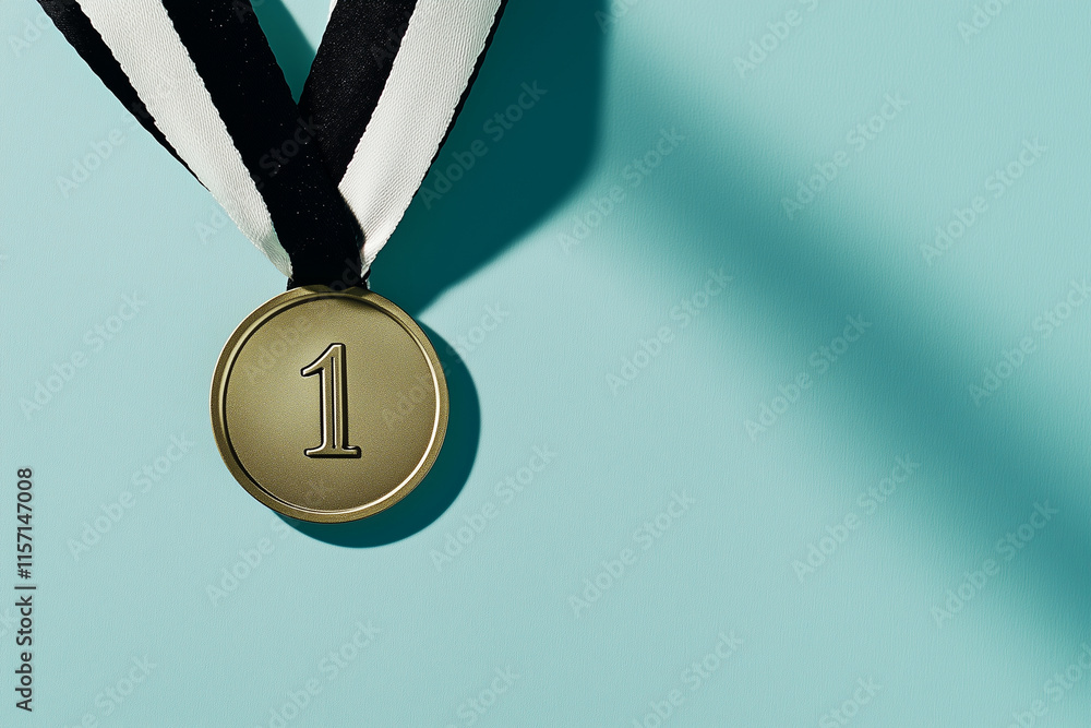 A simple gold medal engraved with the number 1, hanging from a black and white striped ribbon A simple gold medal engraved with the number 1, hanging from a black and white striped ribbon
