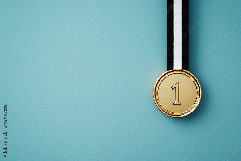 A simple gold medal engraved with the number 1, hanging from a black and white striped ribbon A simple gold medal engraved with the number 1, hanging from a black and white striped ribbon