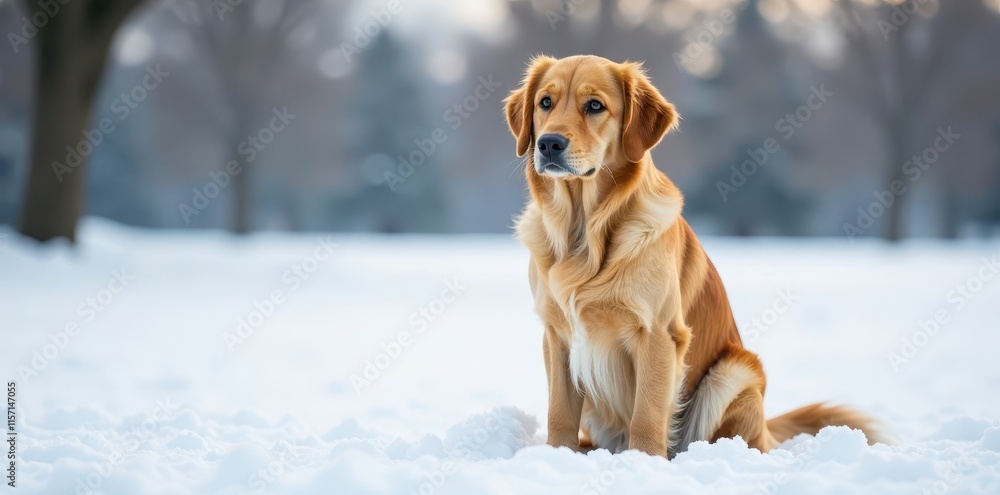 Golden retriever sitting alone on a snowy white background, eyes focused forward, winter scene, isolated dog Golden retriever sitting alone on a snowy white background, eyes focused forward, winter scene, isolated dog