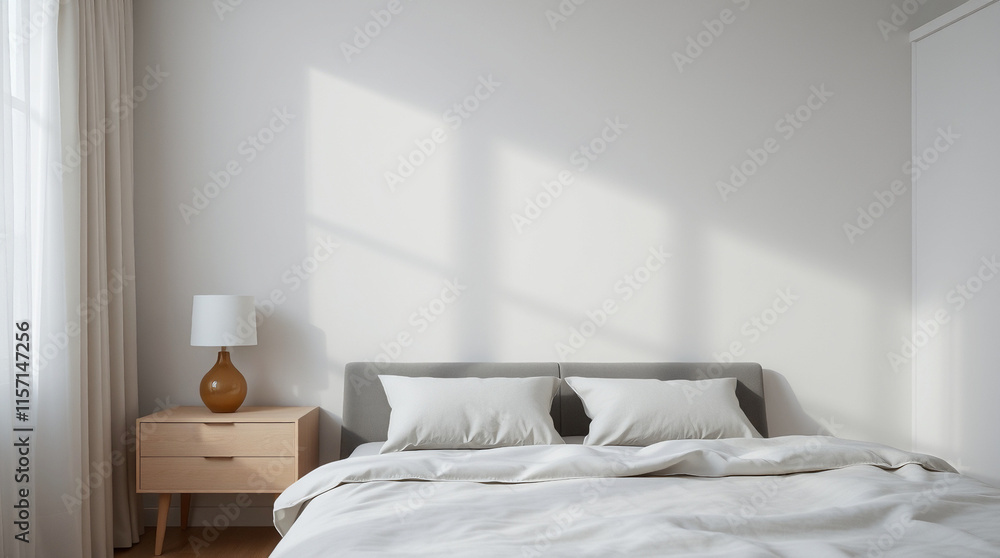 A minimalist bedroom with a light wood nightstand, a grey headboard bed, white bedding, and sheer curtains. Sunlight casts shadows on the wall. The overall color palette is light and airy. A minimalist bedroom with a light wood nightstand, a grey headboard bed, white bedding, and sheer curtains. Sunlight casts shadows on the wall. The overall color palette is light and airy.