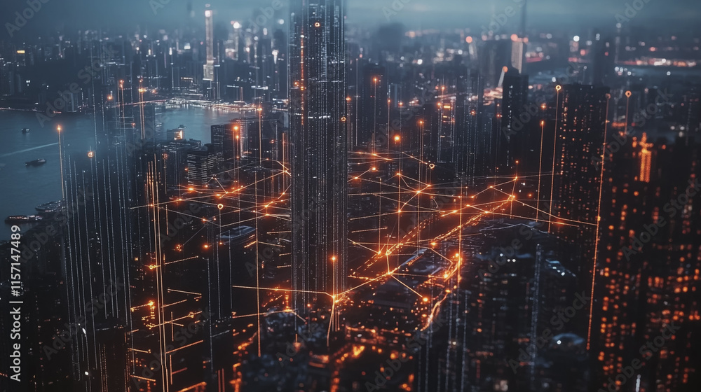 Fototapeta premium smart, digital, city, connection, network, innovation, Smart digital Innovation city with connection network reciprocity over the cityscape. of future smart wireless digital city and social media netw