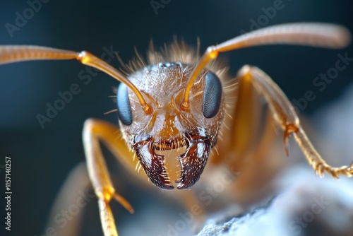 An intense close-up of an ant, highlighting its menacing features, including prominent eyes and formidable mandibles, portraying the fierce nature of these tiny creatures. photo