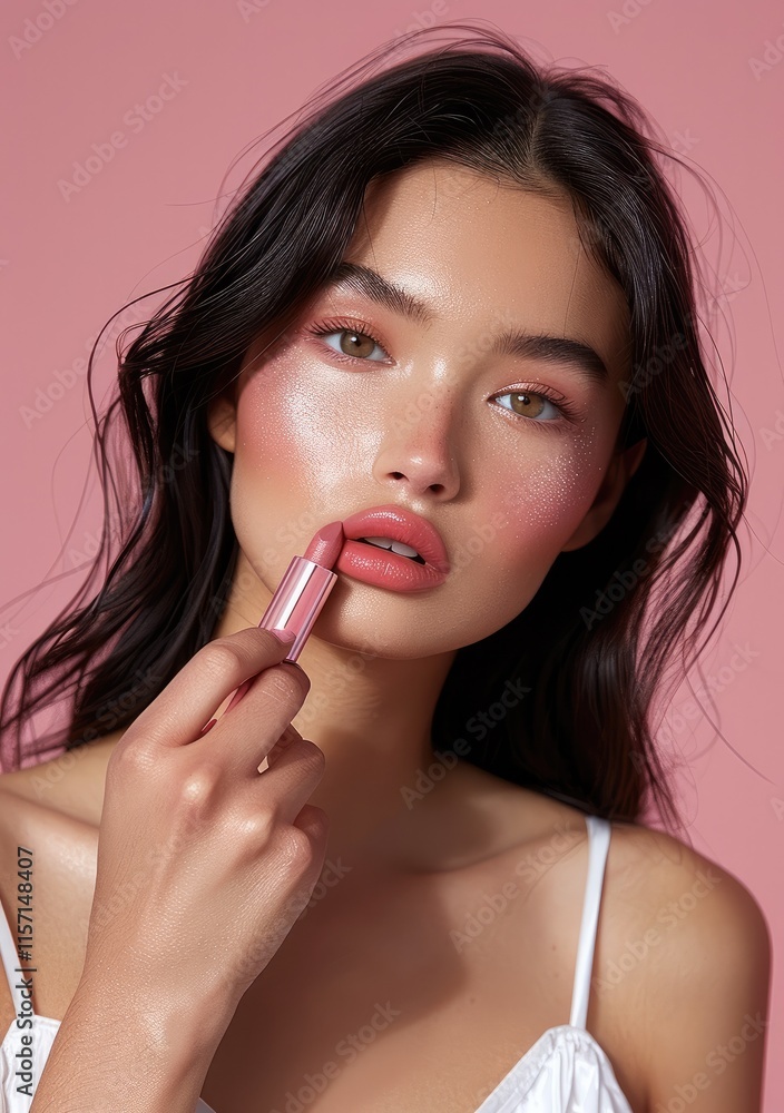 The model with dark hair, showcasing her lip gloss in hand against an isolated pink background. The model with dark hair, showcasing her lip gloss in hand against an isolated pink background.