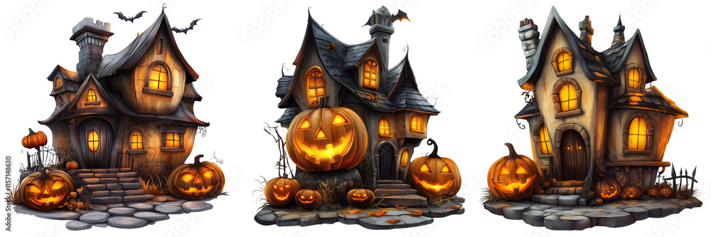 Set of A cozy front porch decorated for Halloween with an array of carved pumpkins on transparent png background Set of A cozy front porch decorated for Halloween with an array of carved pumpkins on transparent png background