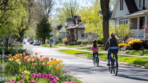 Wallpaper Mural Caucasian female adult riding with child on bikes in a suburban neighborhood with spring flowers Torontodigital.ca