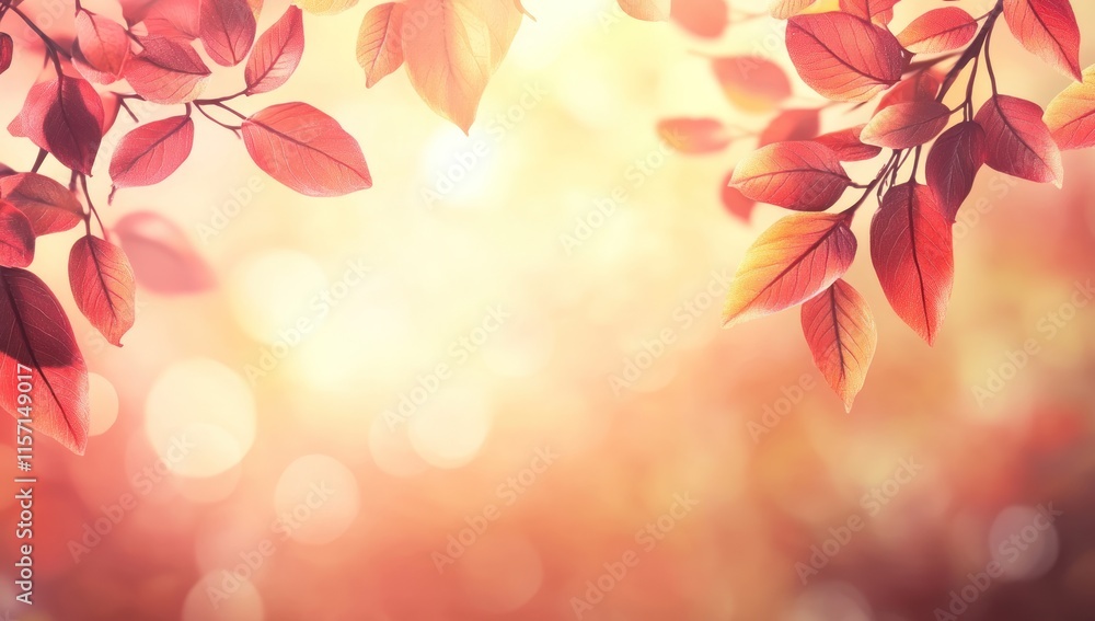 Fototapeta premium Autumn Red Leaves Soft Sunlight Bokeh Background Warm Peaceful Scene