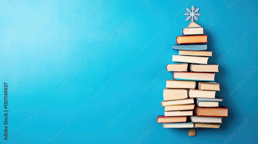 Top view of a Christmas tree made of books on a vibrant blue background with ample copy space Top view of a Christmas tree made of books on a vibrant blue background with ample copy space