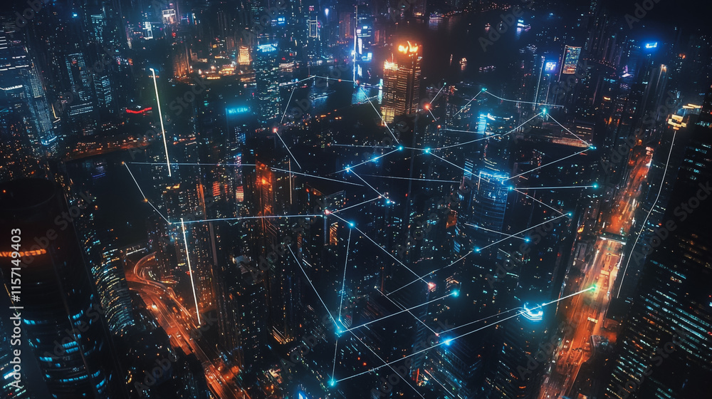 Fototapeta premium Smart digital Innovation city with connection network reciprocity over the cityscape. of future smart wireless digital city and social media networking systems that connects people with in city