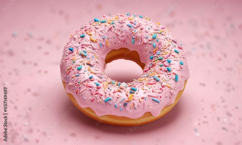 Tiny colorful candy sprinkles covering a pastel pink donut,  festive desserts ,  bakery items,  colorful donuts
