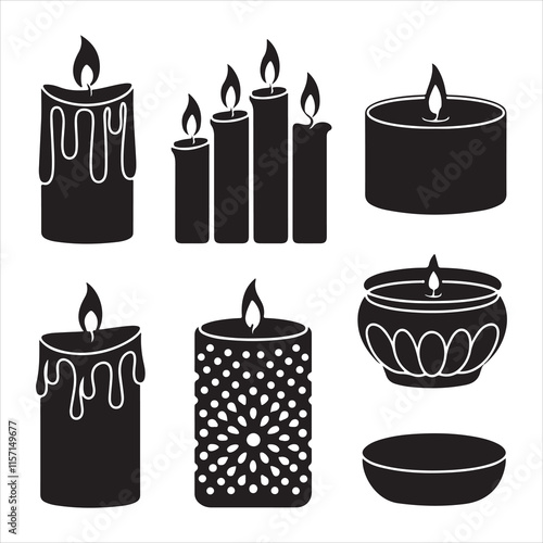 set of vector black candles silhouette