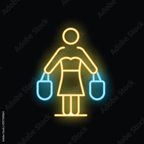 Neon sign of a woman holding shopping bags, representing the concept of retail therapy and consumerism