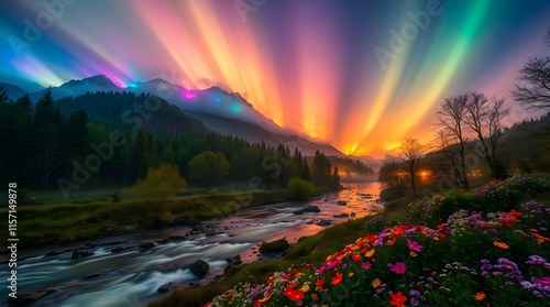 Spring Forest Mountain River in Sunlight