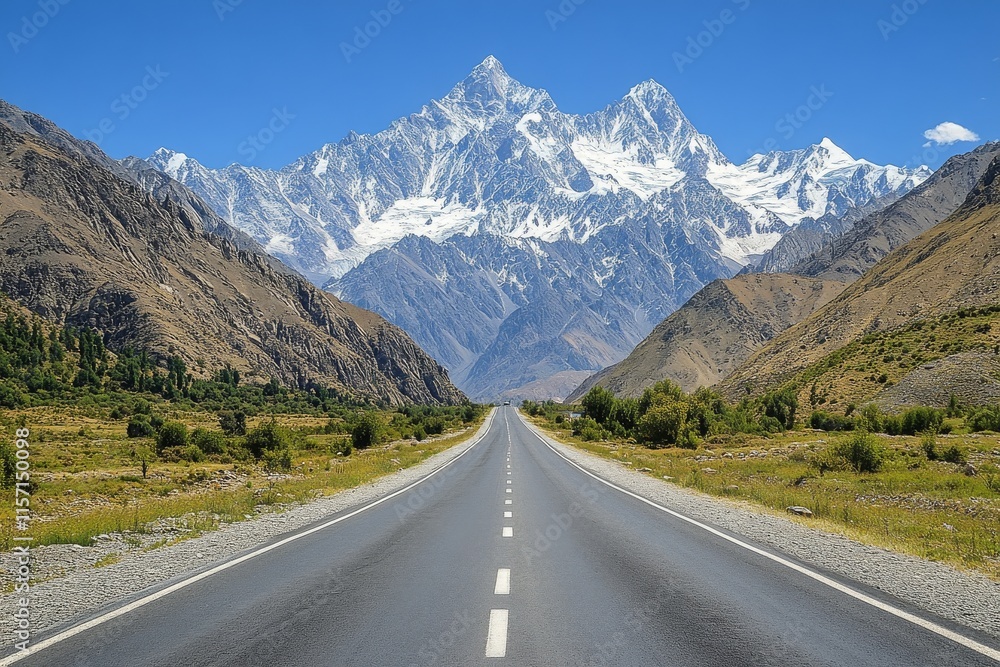 Majestic mountain view along a deserted highway in a remote landscape during bright daylight Majestic mountain view along a deserted highway in a remote landscape during bright daylight