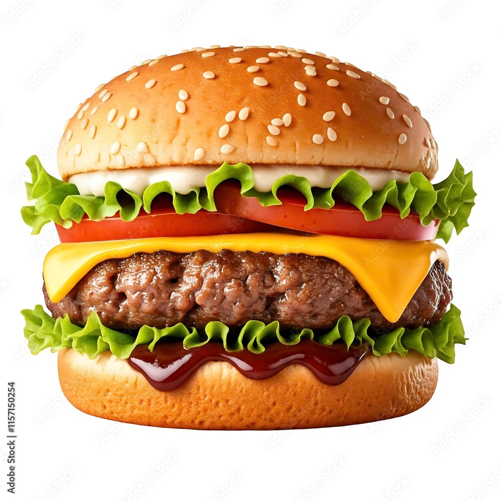 A juicy cheeseburger with lettuce and tomato, a classic American fast-food favorite. burger, cheeseburger, fast-food, classic, American, tasty, vibrant, gourmet, presentation, arrangement, A juicy cheeseburger with lettuce and tomato, a classic American fast-food favorite. burger, cheeseburger, fast-food, classic, American, tasty, vibrant, gourmet, presentation, arrangement,
