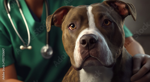 Closeup of a brown and white Pit Bull dog being examined by a veterinarian. The doctors stethoscope and hand are visible, emphasizing the pets healthcare. photo