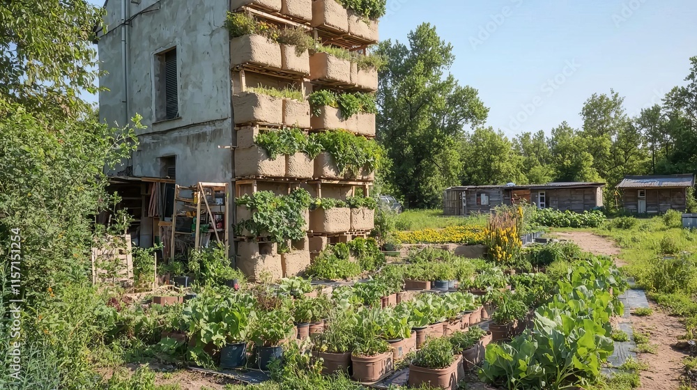 Sustainable materials architecture recycled concept. Vertical garden with greenery surrounding an old building. Sustainable materials architecture recycled concept. Vertical garden with greenery surrounding an old building.