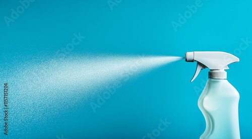 A white plastic spray bottle emits a fine mist against a vibrant blue background. The image focuses on the spray and the bottles design, suggesting cleanliness and freshness.