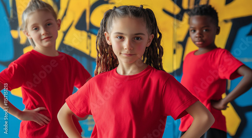 Three children, two girls and a boy, wear red shirts and pose against a vibrant graffiti backdrop. The central girl has dreadlocks. They appear confident and ready.