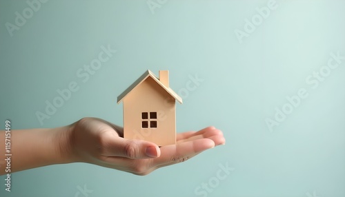 Mano sosteniendo una casa modelo para campaña de préstamos para vivienda sobre fondo sencillo photo