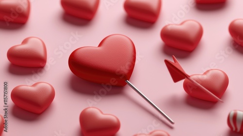 Wallpaper Mural A collection of red heart-shaped candies on a pink surface, with a distinct heart-shaped pin, creating a sweet and romantic atmosphere. Torontodigital.ca
