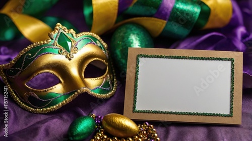 Cartel decorativo con máscara de Mardi Gras adornada y con espacio para texto y detalles festivos, perfecto para proyectos gráficos y celebraciones culturales photo