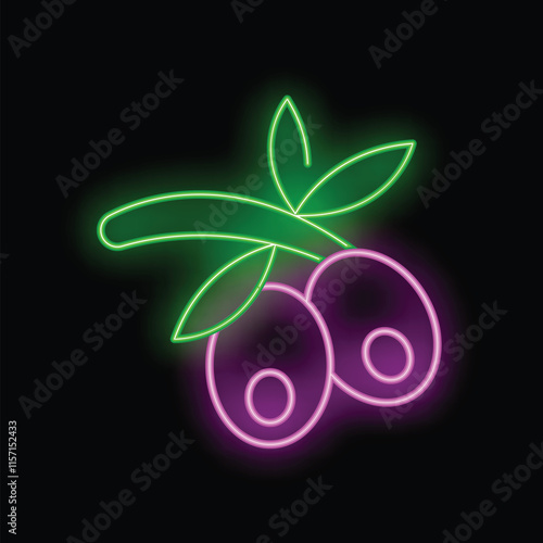 Neon sign of shiny olives with leaves glowing on a black background