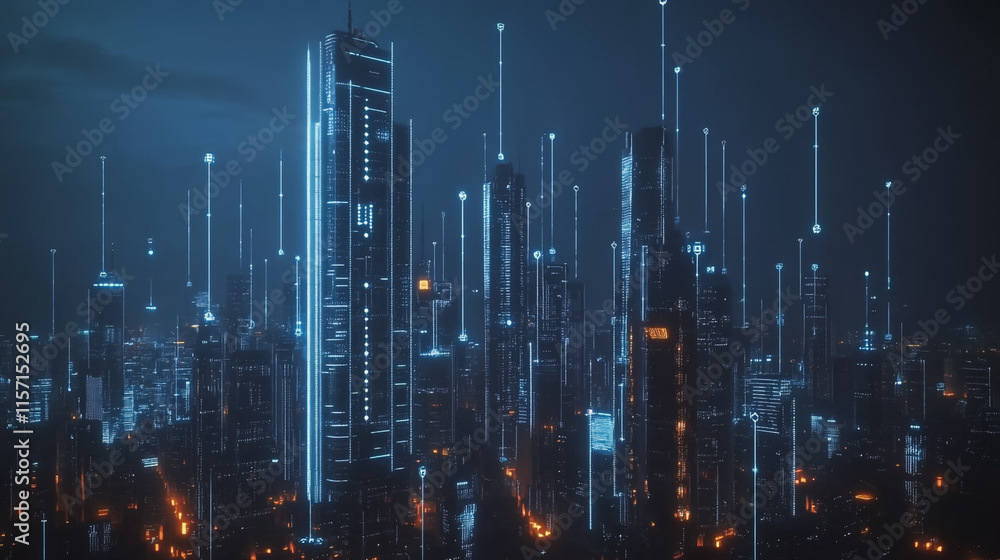 Naklejka premium Smart digital Innovation city with connection network reciprocity over the cityscape. of future smart wireless digital city and social media networking systems that connects people with in city