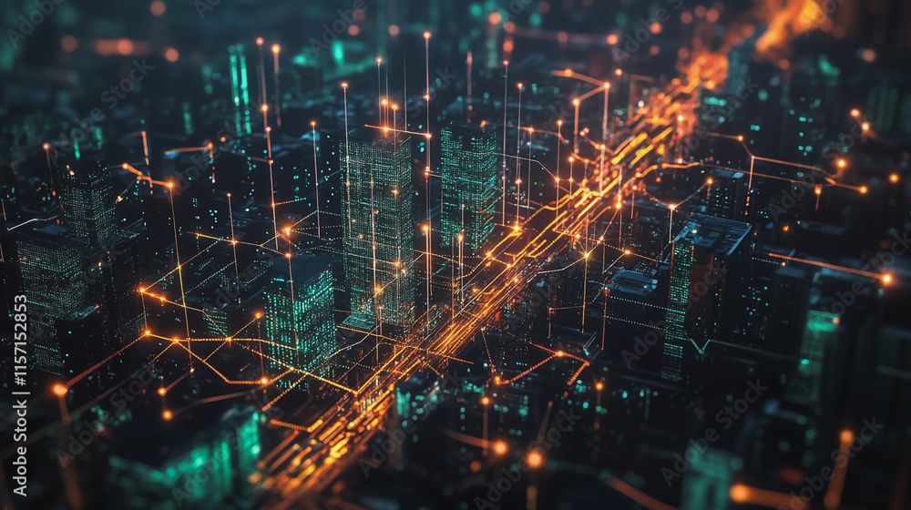 Smart digital Innovation city with connection network reciprocity over the cityscape. of future smart wireless digital city and social media networking systems that connects people with in city Smart digital Innovation city with connection network reciprocity over the cityscape. of future smart wireless digital city and social media networking systems that connects people with in city