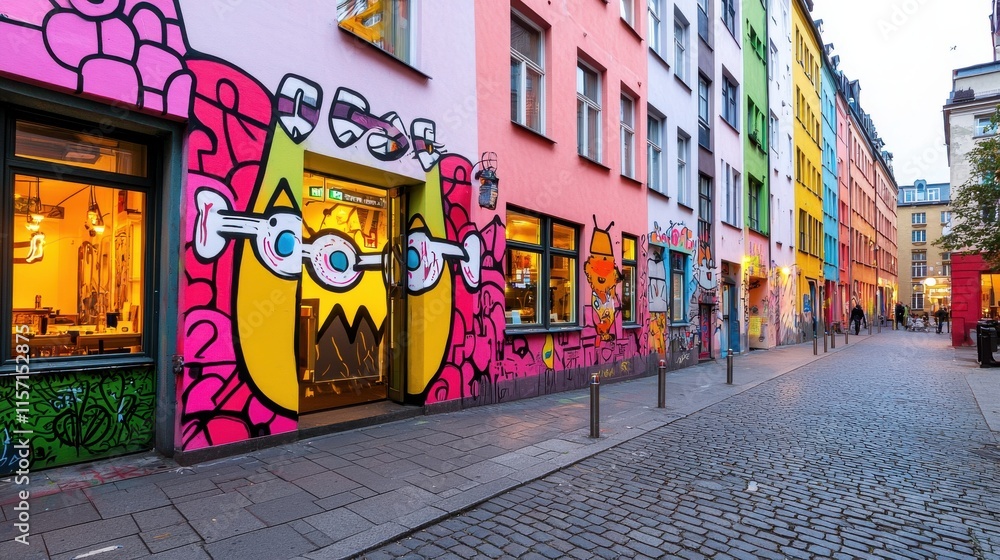 Fototapeta premium Vibrant Mural Adorning Colorful Urban Neighborhood Building Facade