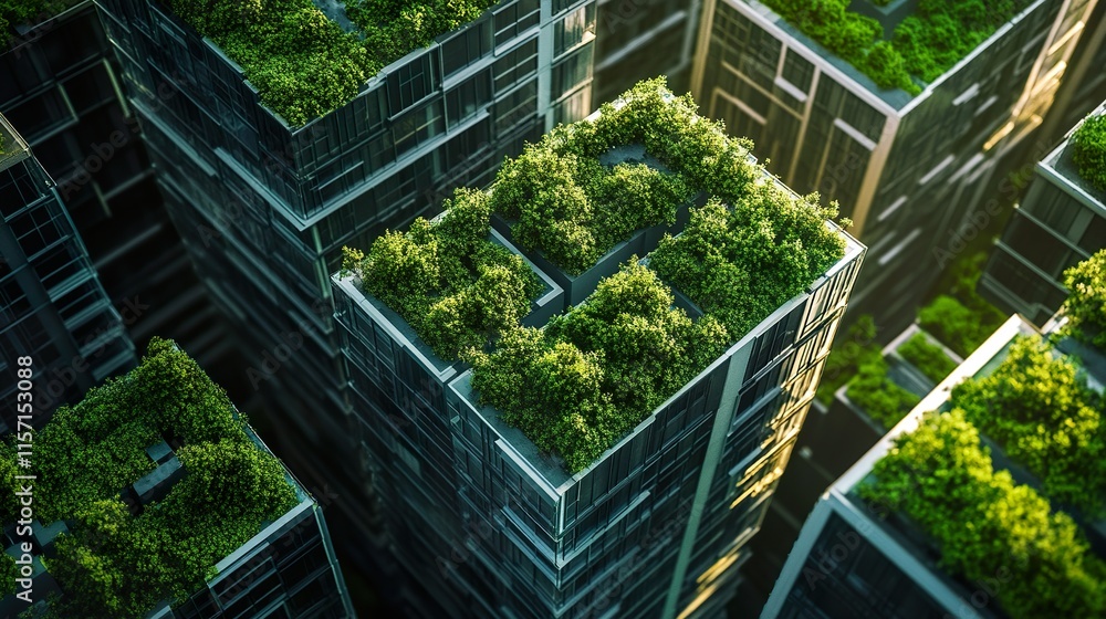Aerial view of modern skyscrapers topped with lush greenery, blending urban architecture with nature for a sustainable cityscape. Aerial view of modern skyscrapers topped with lush greenery, blending urban architecture with nature for a sustainable cityscape.