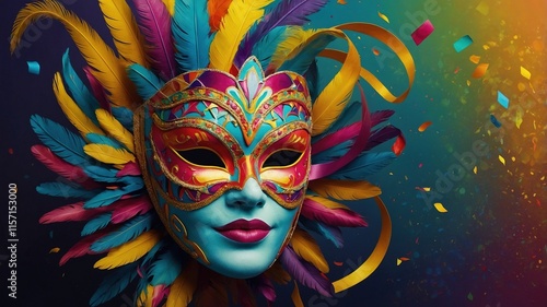 Cartel festivo de carnaval con máscara de plumas de colores y cintas, ideal para proyectos gráficos y celebraciones de Carnaval