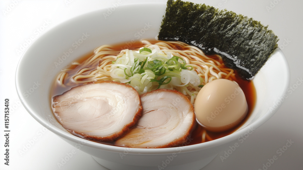 Gourmet Ramen Dish with a Soft-Boiled Egg, Seaweed, and Fresh Pork Slices in a Steaming Bowl of Rich Broth. Gourmet Ramen Dish with a Soft-Boiled Egg, Seaweed, and Fresh Pork Slices in a Steaming Bowl of Rich Broth.