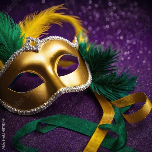 Máscara decorativa verde y dorada de Mardi Gras con plumas amarillas y detalles de perlas, sobre un fondo púrpura brillante, perfecta para proyectos festivos y temáticos de carnaval