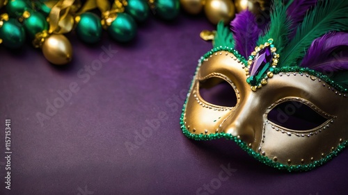 Cartel vibrante de carnaval con máscara dorada y verde, plumas púrpuras y detalles decorativos, perfecto para ilustraciones de festividades y eventos
