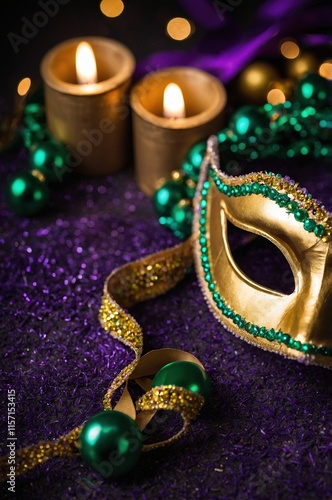 Escena festiva de Mardi Gras con máscara dorada y verde, velas y adornos sobre fondo púrpura, perfecta para ilustraciones y temas de carnaval