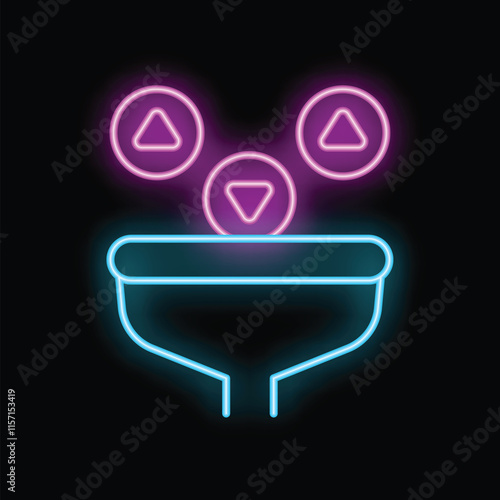 Glowing neon icon of a sales funnel with leads falling into it, representing the concept of lead conversion