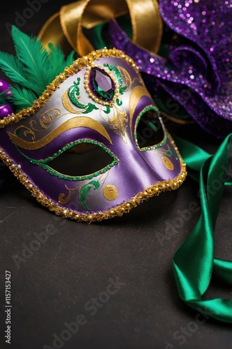 Máscara de Carnaval Mardi Gras de color púrpura y verde con bordes dorados. 