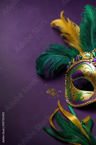 Máscara de Mardi Gras decorada con plumas verdes y amarillas, detalles dorados y joyas moradas y verdes sobre fondo púrpura, ideal para proyectos festivos y celebraciones como Carnaval