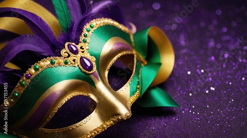 Máscara de Carnaval verde y dorada sobre fondo púrpura,  ideal para proyectos festivos y decorativos de Carnaval