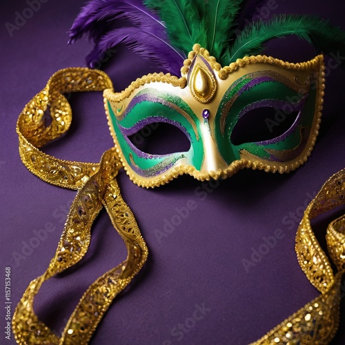 Máscara decorativa verde y dorada de Mardi Gras con plumas púrpuras, sobre un fondo morado brillante, perfecta para proyectos festivos y temáticos de carnaval