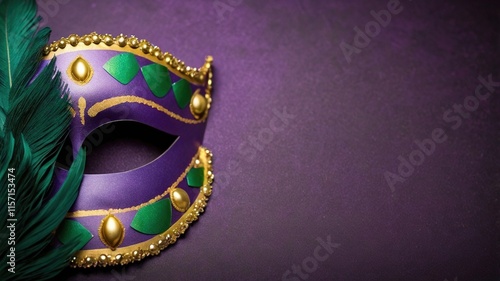Máscara decorativa de Mardi Gras con plumas verdes, detalles dorados y un vibrante fondo púrpura, perfecta para ilustraciones de festividades y celebraciones como Carnaval