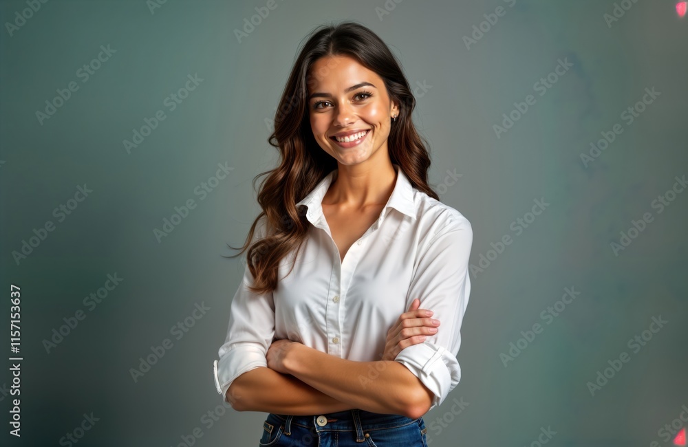 Confident young woman stands posing. Wears white shirt, happy expression. Arms crossed over chest. Long brown hair. Stylish, successful business woman shows great confidence. Ideal for business Confident young woman stands posing. Wears white shirt, happy expression. Arms crossed over chest. Long brown hair. Stylish, successful business woman shows great confidence. Ideal for business
