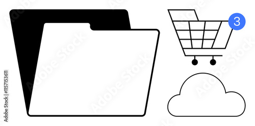 Folder icon, cloud graphic, shopping cart with 3 notification. Ideal for file management, online shopping, notifications, data storage, cloud services e-commerce business. Line metaphor