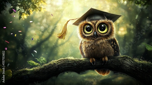 Wise Owl Graduation Day: A whimsical celebration of knowledge and achievement, featuring a charming owl graduate in a mortarboard, surrounded by confetti in a magical forest setting. photo