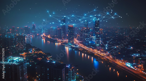 Wallpaper Mural Smart digital Innovation city with connection network reciprocity over the cityscape. of future smart wireless digital city and social media networking systems that connects people with in city Torontodigital.ca