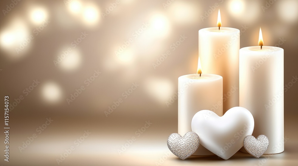 A serene arrangement of white candles and heart-shaped decorations, creating a warm and romantic ambiance with a soft, glowing background. A serene arrangement of white candles and heart-shaped decorations, creating a warm and romantic ambiance with a soft, glowing background.