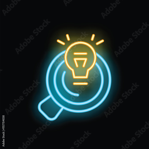 Glowing neon sign depicting a light bulb emerging from a cup of coffee, symbolizing new ideas and creative thinking