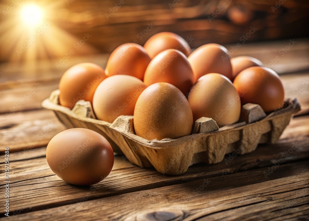 Close-Up Photo of Carton of Eggs on Wooden Table - Rustic Kitchen Still Life Close-Up Photo of Carton of Eggs on Wooden Table - Rustic Kitchen Still Life
